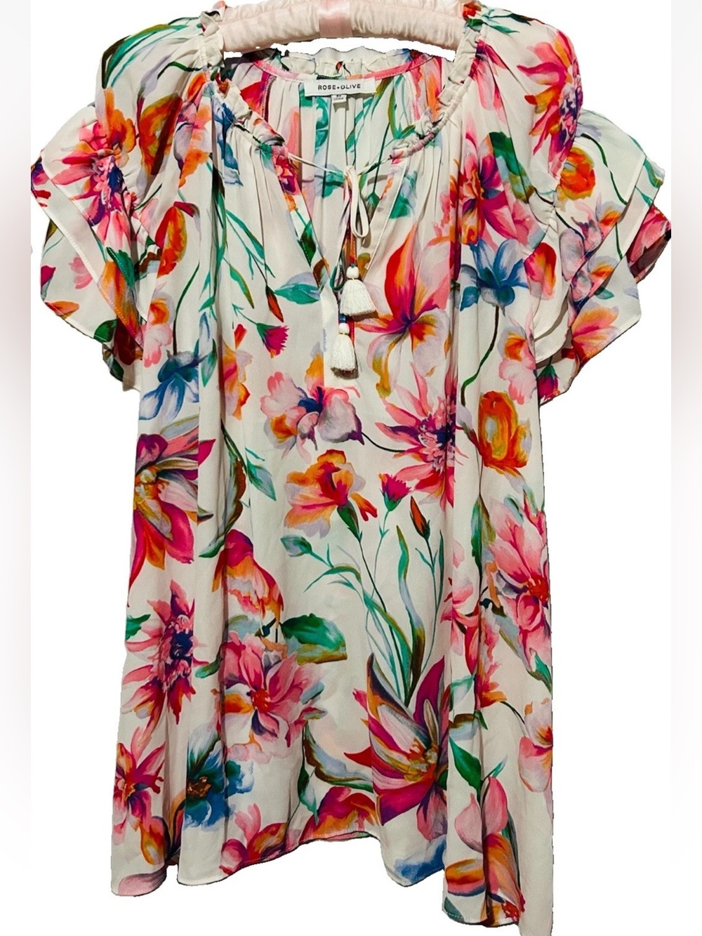 Rose + Olive Top 2X Cute Silky Floral Cottagecore Plus Size Peasant Shirt Blouse